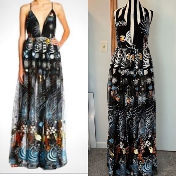L'atiste Rare Galaxy Maxi Black Dress Sheer Embroidered Size S - Picture 4 of 11